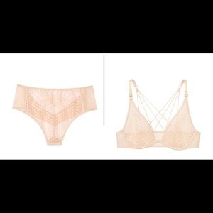 VS Nude Bra & Thong Set - Starburst Plunge & High Waisted 34D & Small Bottoms